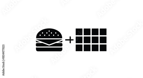 Simple illustration of a burger next to a grid of chocolate squares, representing a sweet and savory combination.