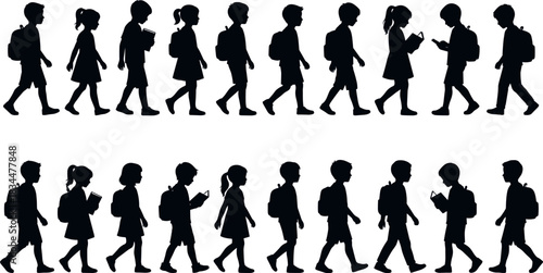 School children walking, backpacks, silhouette, boys and girls, education, daily routine, black illustration, student commute – flavector