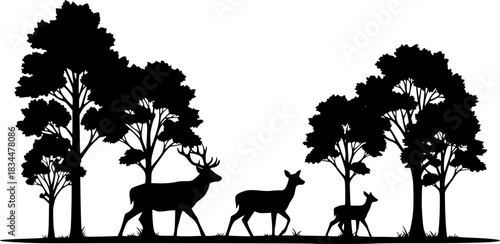 Silhouette of deer family with trees in a forest on a white background
