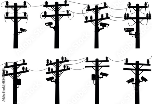WebSilhouettes of utility poles with surveillance cameras and wiring – flavector urban infrastructure vector set