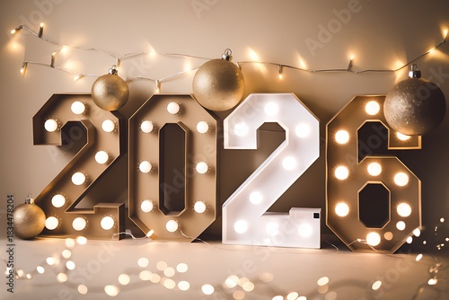 Sparkling Celebration: Festive 2026 Decor with Illuminated Numbers and Golden Ornaments Welcoming a Bright Year
