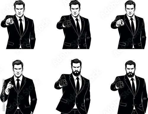 Six businessmen in silhouette pointing forward with varied facial features and expressions – flavectorWeb