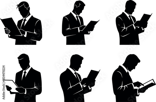 Six businessmen in silhouette reading documents or books in suits on white background – flavectorWeb