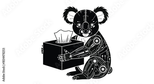 Robotic koala holding a tissue box, symbolizing technology and comfort