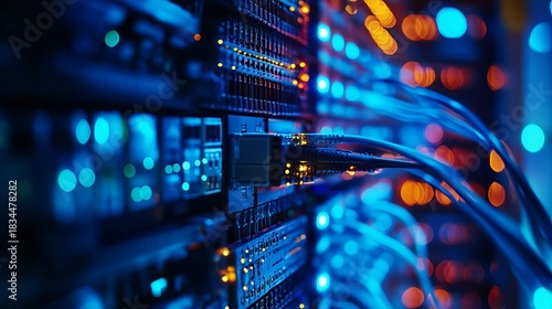Modern data center with vibrant blue lights and connecting cables for high speed internet connectivity and powerful networking solutions worldwide