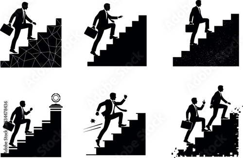 Six businesspeople in silhouette climbing stairs in suits with briefcases on white background – flavectorWeb