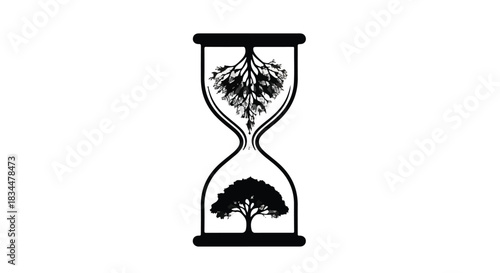 Tree growing inside an hourglass symbolizes the passage of time and nature's resilience.