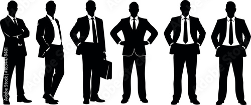 Six businesspeople in silhouette posing confidently in suits and ties on white background – flavectorWeb