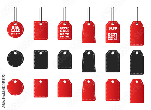 Set of blank and sale price tags in red and black on a white background