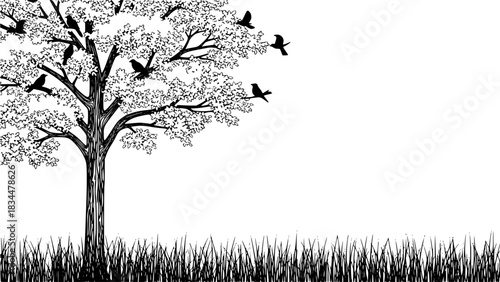 tree with birds and grass
