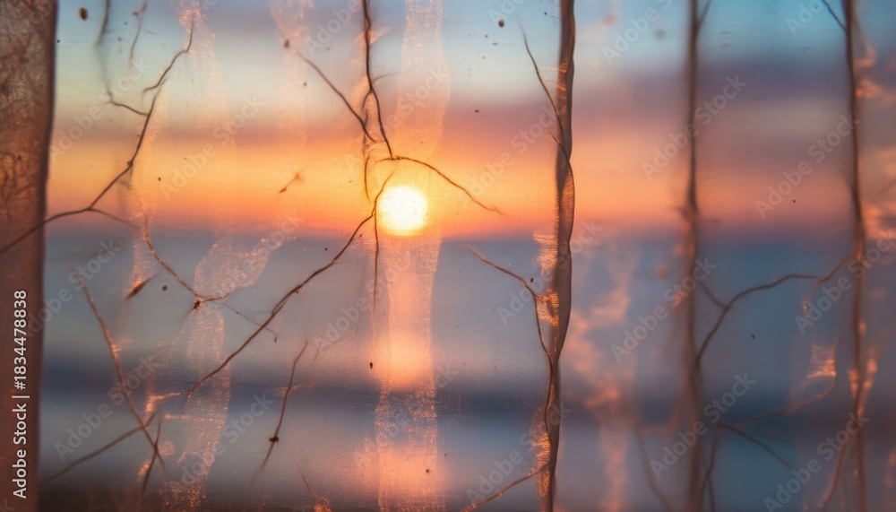 Fototapeta premium Delicate sheer organza curtain with a veined pattern filters the warm light of a beautiful sunset over the calm ocean, creating a dreamy and serene atmosphere