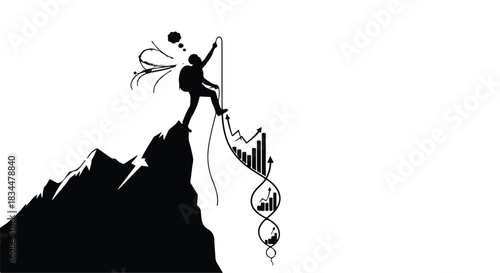 Silhouette of climber reaching summit, symbolizing achievement and growth