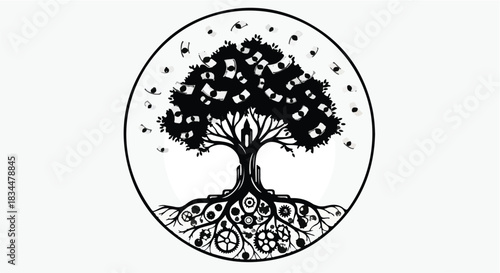 Whimsical tree of life with mechanical roots and swirling branches
