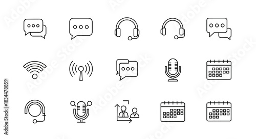 Collection of communication and technology line icons for digital interfaces.