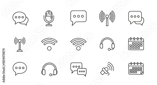 Collection of communication and technology line icons on a white background.