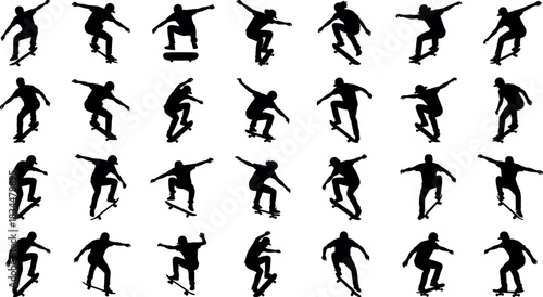 Skateboarder Silhouette Trick Sequence, Dynamic Vector Icons for Sports, Motion, Action, Urban Design - flavector