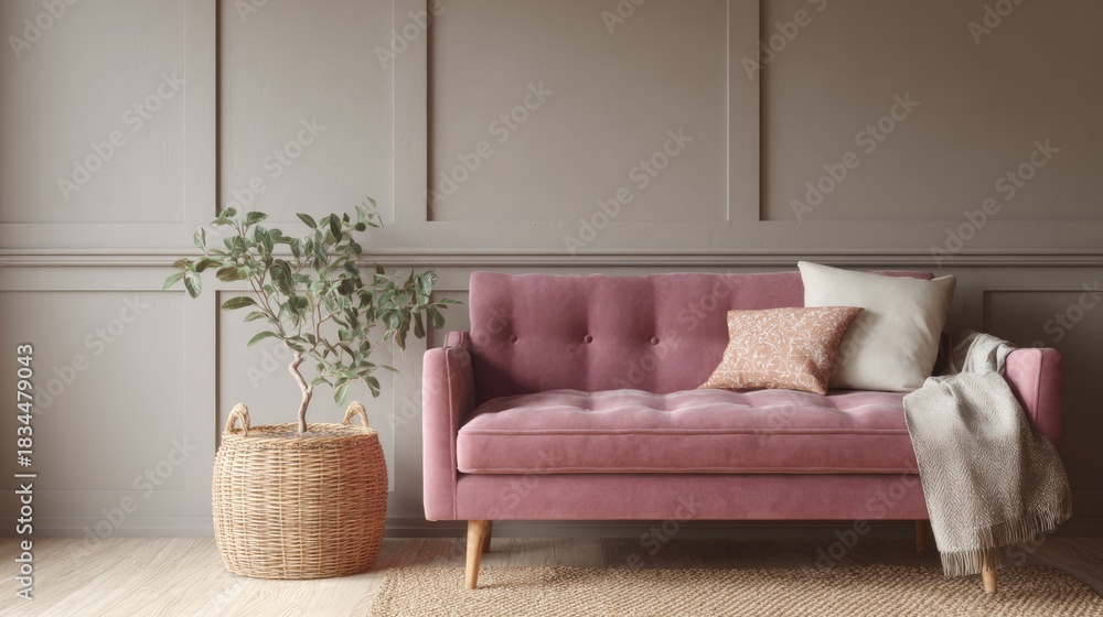Fototapeta premium Modern living room with a pink sofa in the center. the sofa has a tufted backrest and is upholstered in a soft pink fabric.