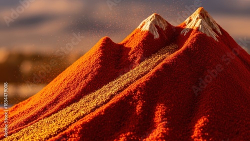 Vibrant spice mountain with golden peaks at sunset