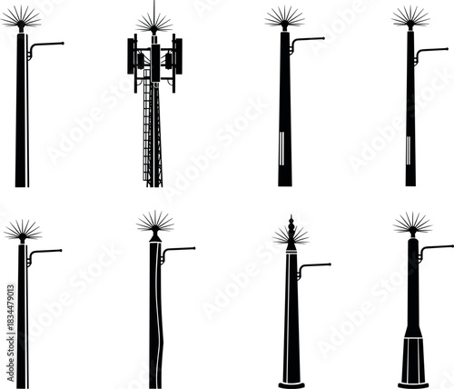 Streetlight pole silhouettes with antennas, ladders, urban infrastructure diversity, lighting and communication design - flavector