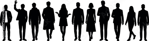 Standing silhouette collection, diverse postures, casual and formal attire, gesture variety, black illustration, human behavior study – flavector