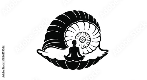 Silhouette of a person meditating within a swirling snail shell, symbolizing inner peace and growth