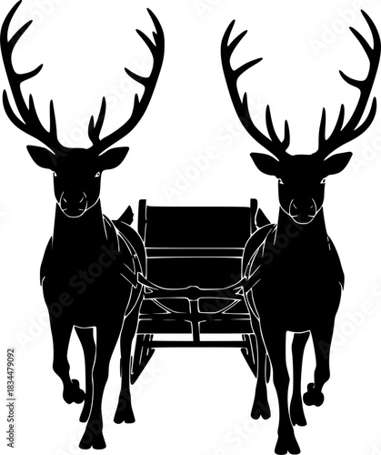 Black silhouette of two reindeer pulling a sleigh white background
