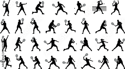 Tennis player silhouettes, action poses, racket motion, serve, hit, run, black illustration, sports movement – flavector