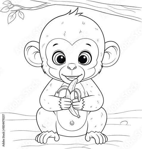 Adorable baby monkey sitting and eating a banana in a jungle setting