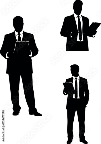 Three businesspeople in silhouette holding clipboards or tablets on white background – flavectorWeb