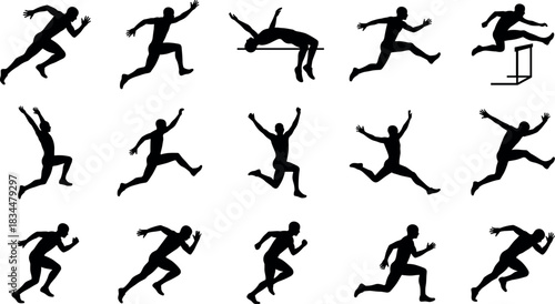 Track and field silhouette collection, running, jumping, hurdling, athletic motion, black illustration, sports movement, training – flavector