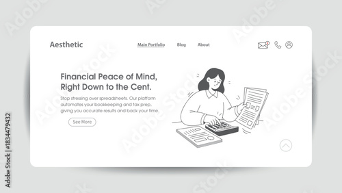 Here is a **long, SEO-optimized Adobe Stock title** for your illustration:

Woman with calculator and papers working in a minimalist website design interface, illustrated in a clean modern digital