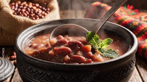 Hearty bean stew with fresh herb garnish served in rustic bowl on wooden table with raw beans
