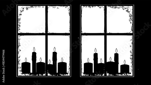 Candle silhouettes through winter windows: nighttime serenity in black and white
