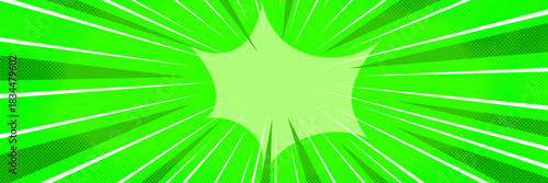 Vibrant green anime background filled with manga speed lines. The comic energy and burst motion effect bring dynamic visual impact.