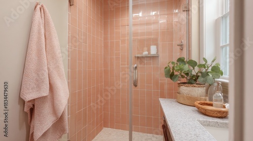 Modern bathroom with a pink tiled shower. the shower has a glass door and a white countertop with a sink and a window on the right side.