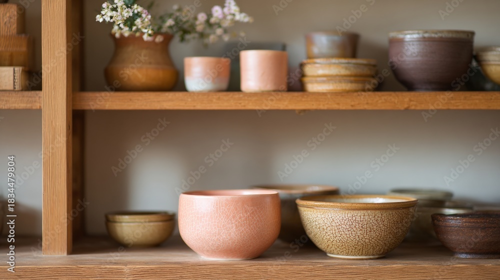 Fototapeta premium Wooden shelf with a variety of ceramic bowls and bowls of different sizes and colors. on the left side of the shelf, there is a vase with small white flowers in it.