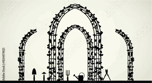 Whimsical garden arches adorned with greenery and gardening tools suggest growth and natural beauty.