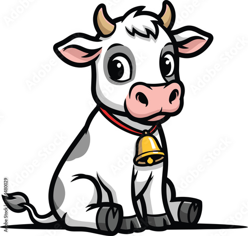 Adorable cartoon baby cow with bell sitting patiently