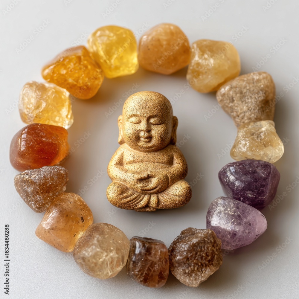 Fototapeta premium Meditating Buddha statue surrounded by colorful gemstones