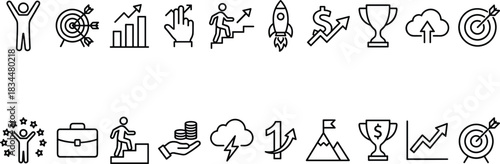 Business success and growth line icons collection showing achievement, target goals, financial progress, leadership, motivation and performance symbols for modern vector design