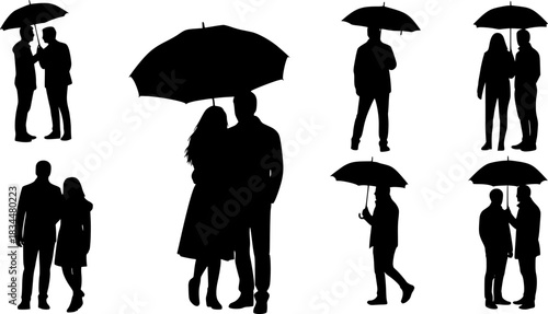 Silhouettes of couples and individuals holding umbrellas in various poses
