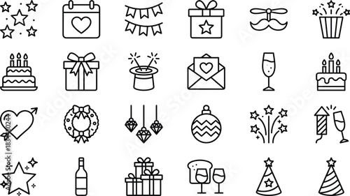 Celebration holiday party icon set featuring gifts cakes fireworks decorations champagne hats wreath ornaments stars outline festive vector illustration