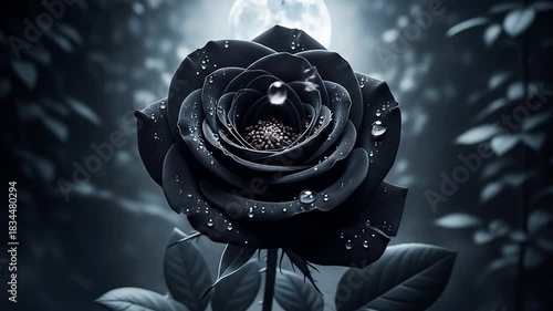 Mysterious black rose with water droplets under a moonlight background, a gothic romance concept