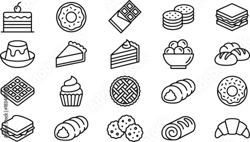Dessert bakery sweet food icon set featuring cakes donuts pastries cookies pies waffles chocolate croissant snacks outline vector illustration