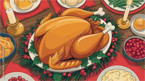 Overhead view of thanksgiving dinner with turkey, cranberry sauce, mashed potato