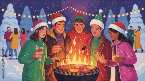 Winter bbq vector illustration of young people cooking food on grill outdoor