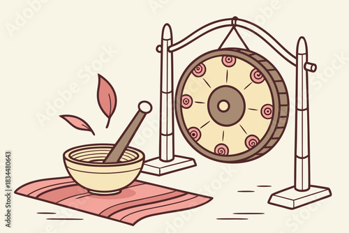Zen meditation tools illustrated with leaves and decorative gong