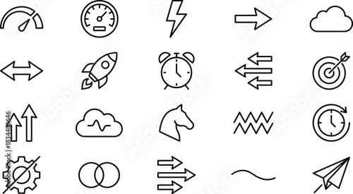 Speed direction progress icon set featuring arrows clocks rocket clouds targets energy symbols movement flow navigation outline vector illustration
