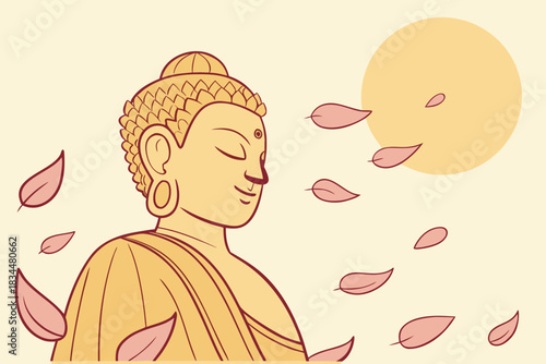 Tranquil illustration of Buddha with floating leaves and soft background