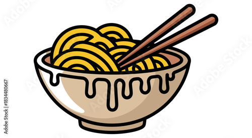A vibrant cartoon illustration featuring a delicious bowl of yellow ramen noodles with brown chopsticks, perfect for Asian cuisine and restaurant designs.